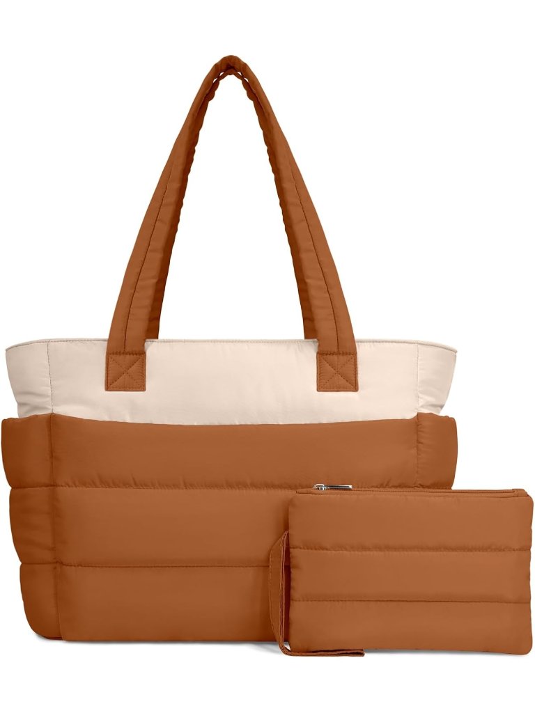 Women's Brown/Beige Travel Lightweight Puffy Tote Handbag Quilted Shoulder Bag